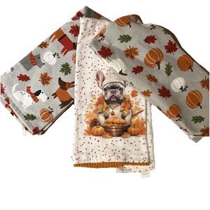 Casaba French Bulldog Fall Kitchen Towels Pumpkins & Leaves Thanksgiving NWOT
